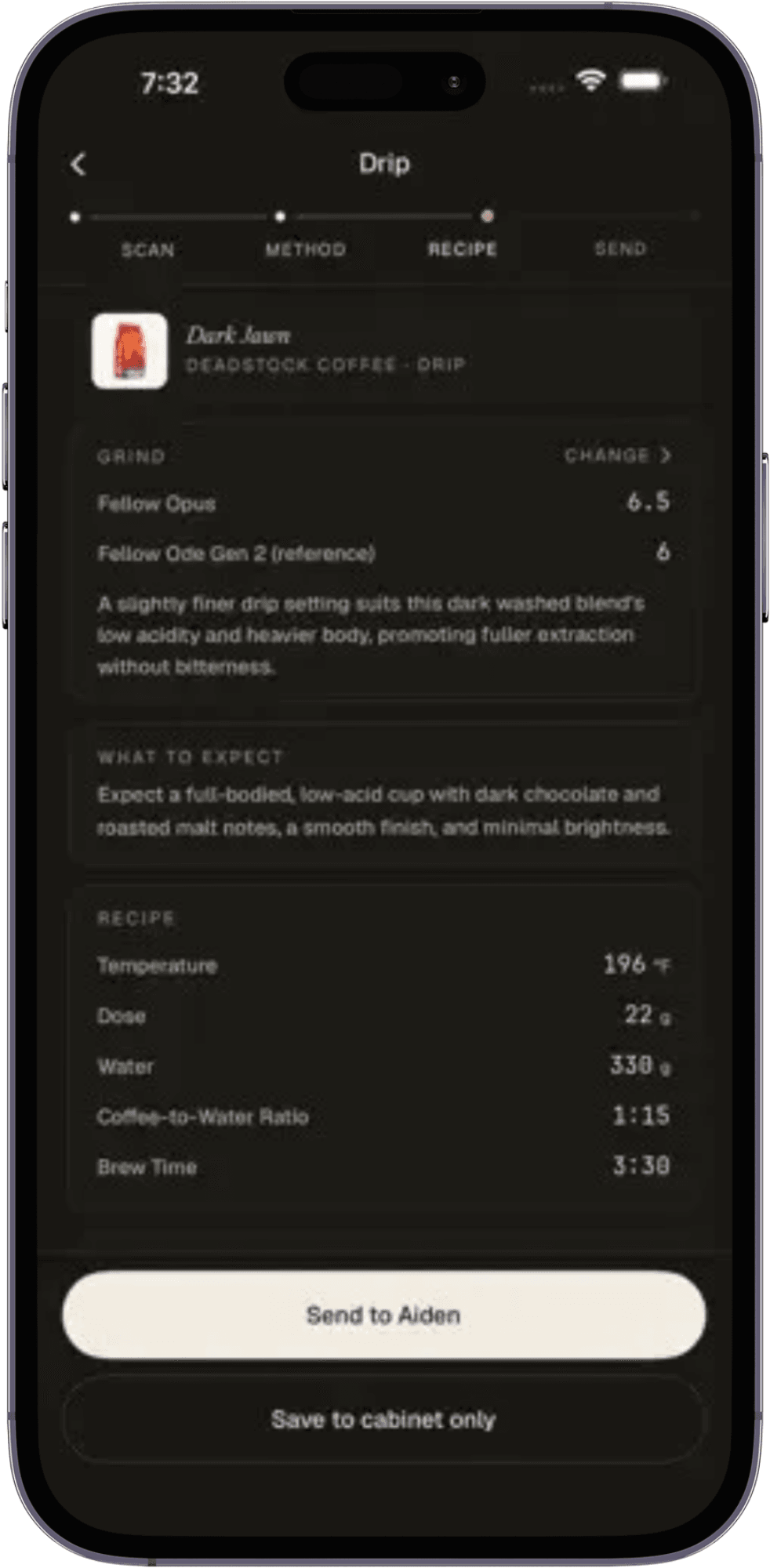 Recipe screen — grind 6.5, 196°F, 22g dose, 1:15 ratio