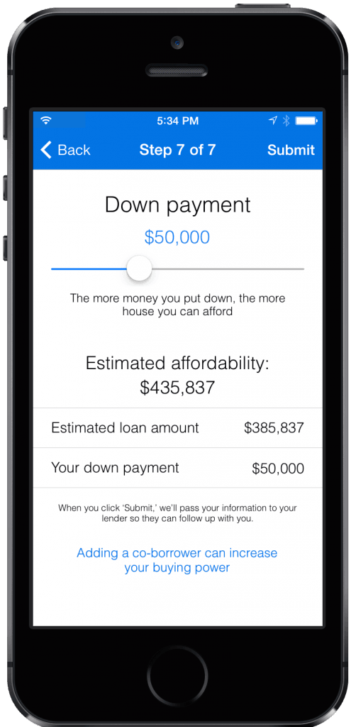 Zillow Mortgage Pre-Approval mobile flow — Step 7 of 7, down payment slider with estimated affordability output