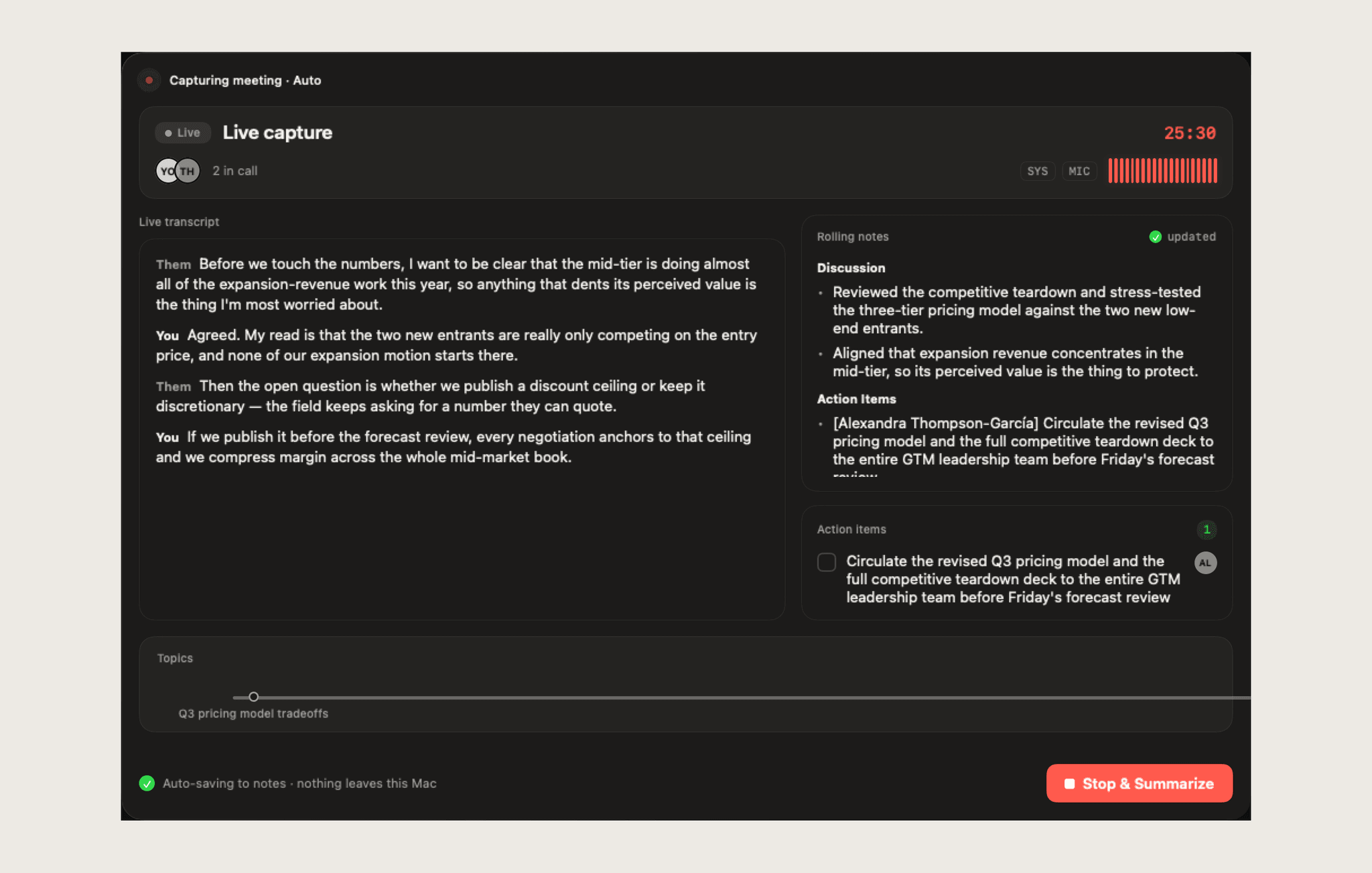 kuno notes output: a transcribed meeting summary rendered as Markdown on macOS, generated entirely on-device.