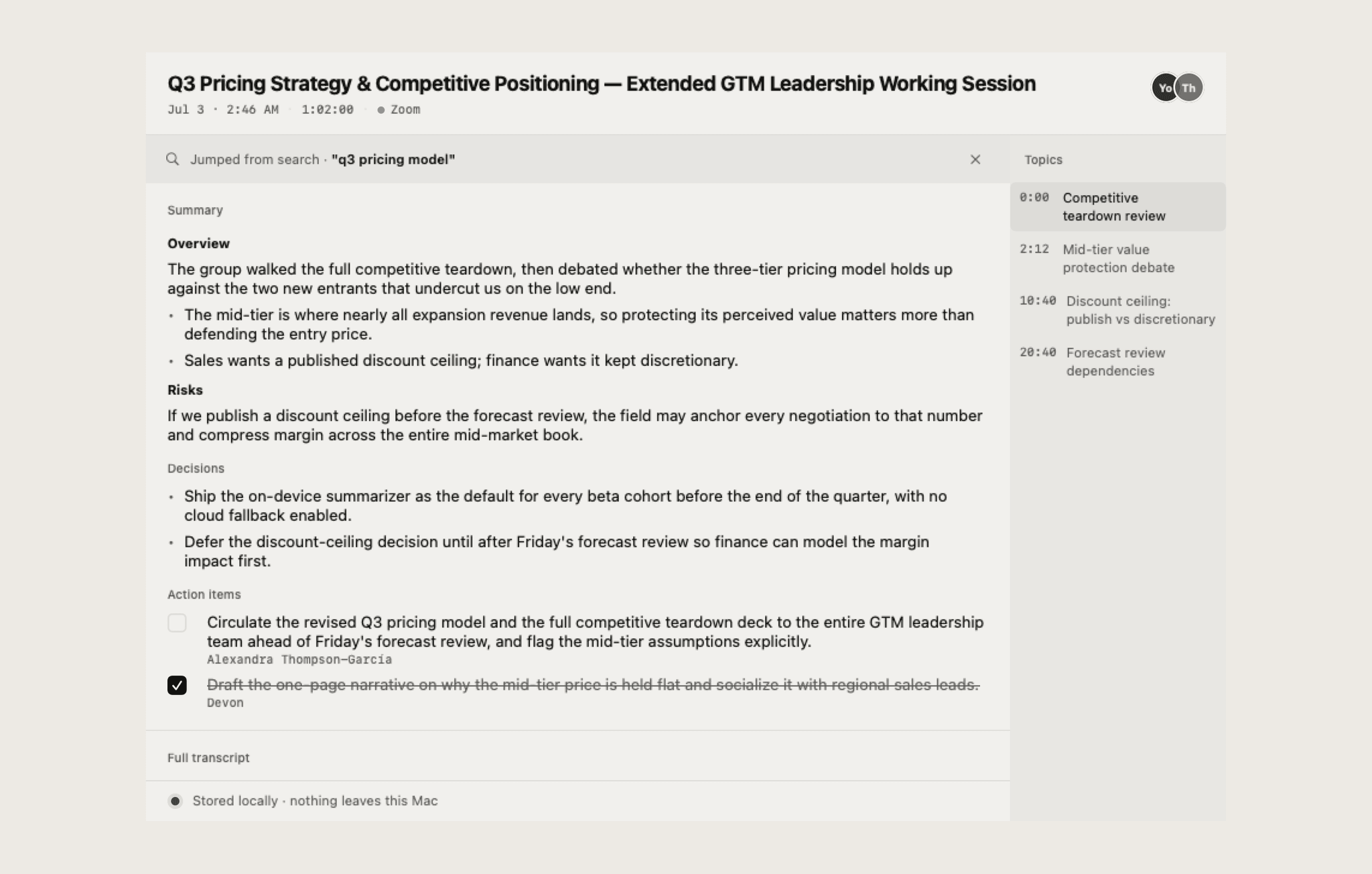 kuno reader: a past meeting transcript and summary read back on macOS, fully searchable and processed on-device.