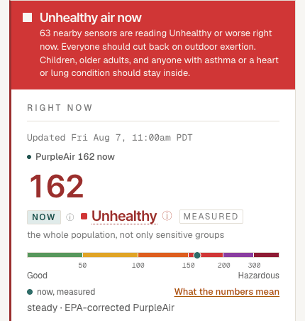 A danger banner reading Unhealthy air now over the right-now reading of PurpleAir 162, Unhealthy, measured, with its basis and color scale