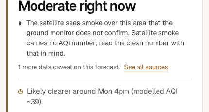 The satellite sees smoke the ground monitor does not confirm; satellite smoke carries no AQI number, so read the clean number with that in mind