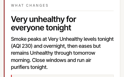 A what-changes headline reading Very unhealthy for everyone tonight; smoke peaks at Very Unhealthy overnight, so close windows and run air purifiers
