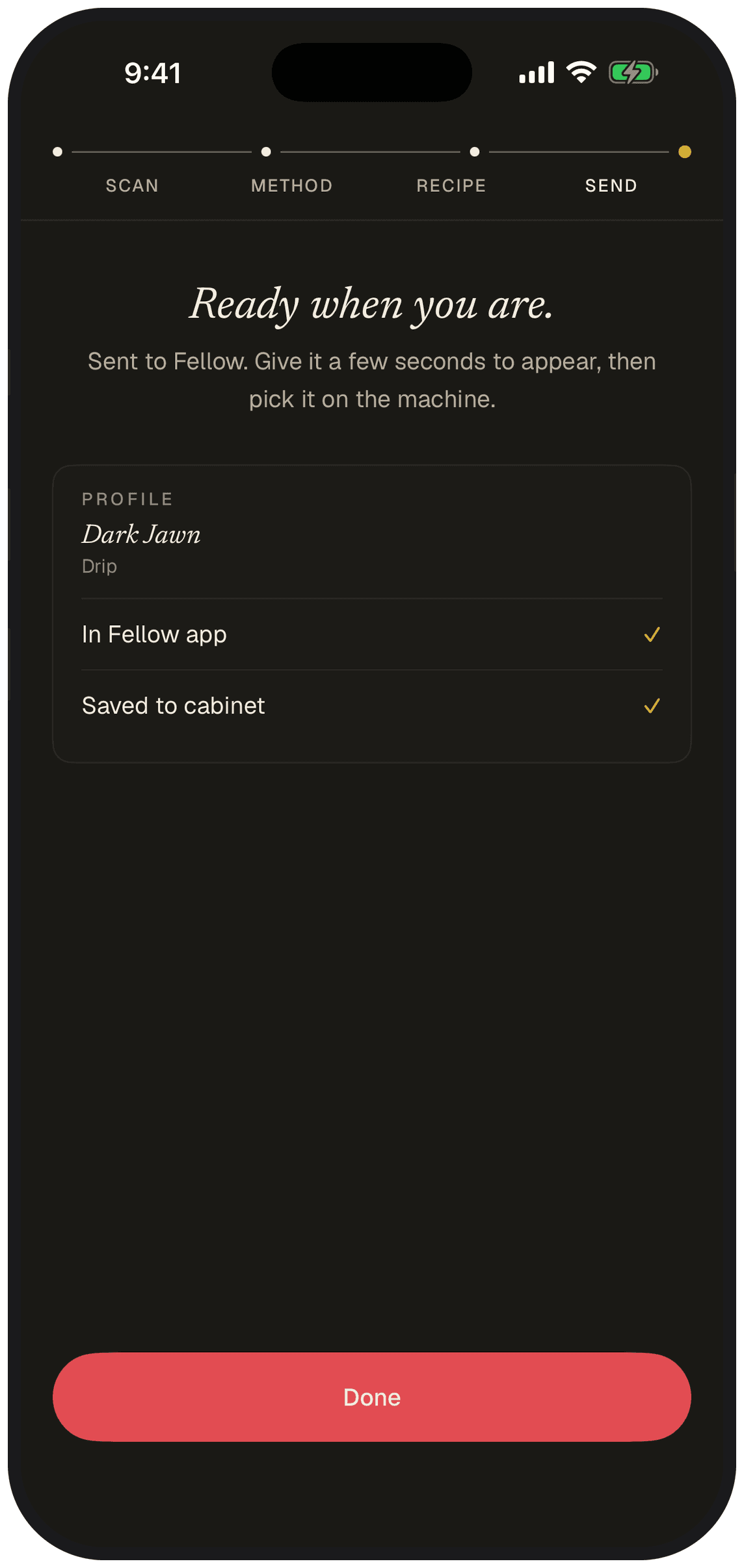 Ready when you are — brew profile sent to Fellow