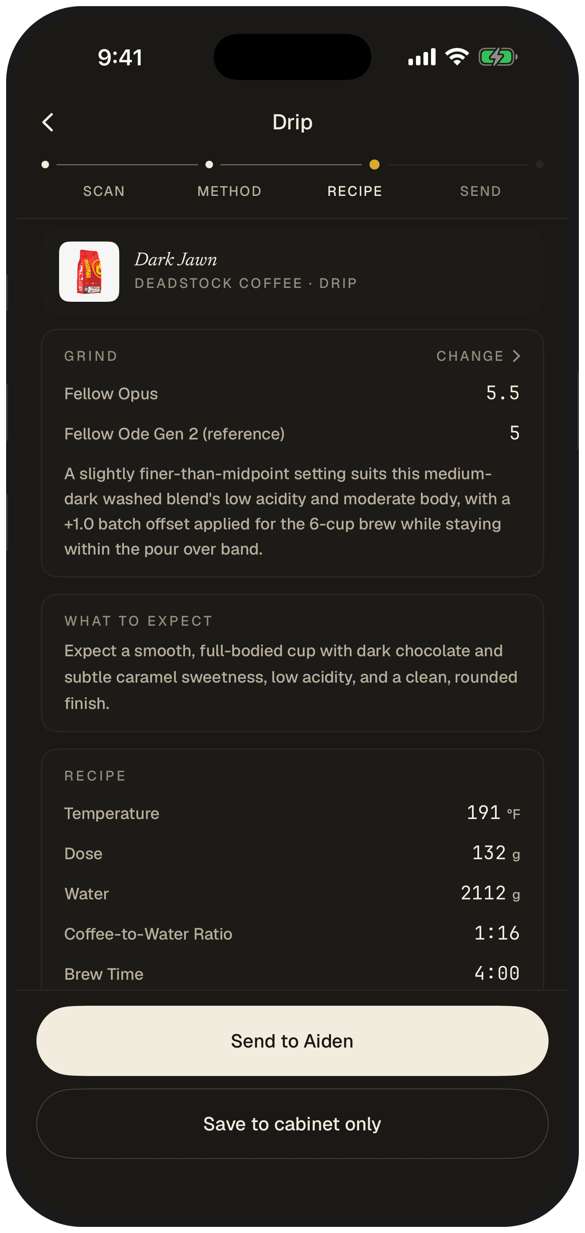Recipe screen — grind 6.5, 196°F, 22g dose, 1:15 ratio